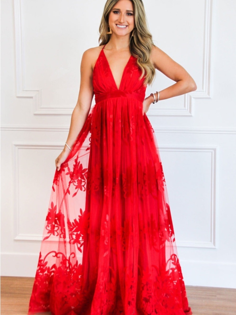 Luxxel Red Floral Lace Midi Dress with Plunging V-Neck
